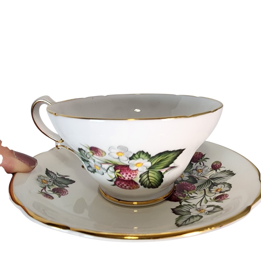 Stanley Fine Bone China England Strawberry Teacup Saucer Set Vintage